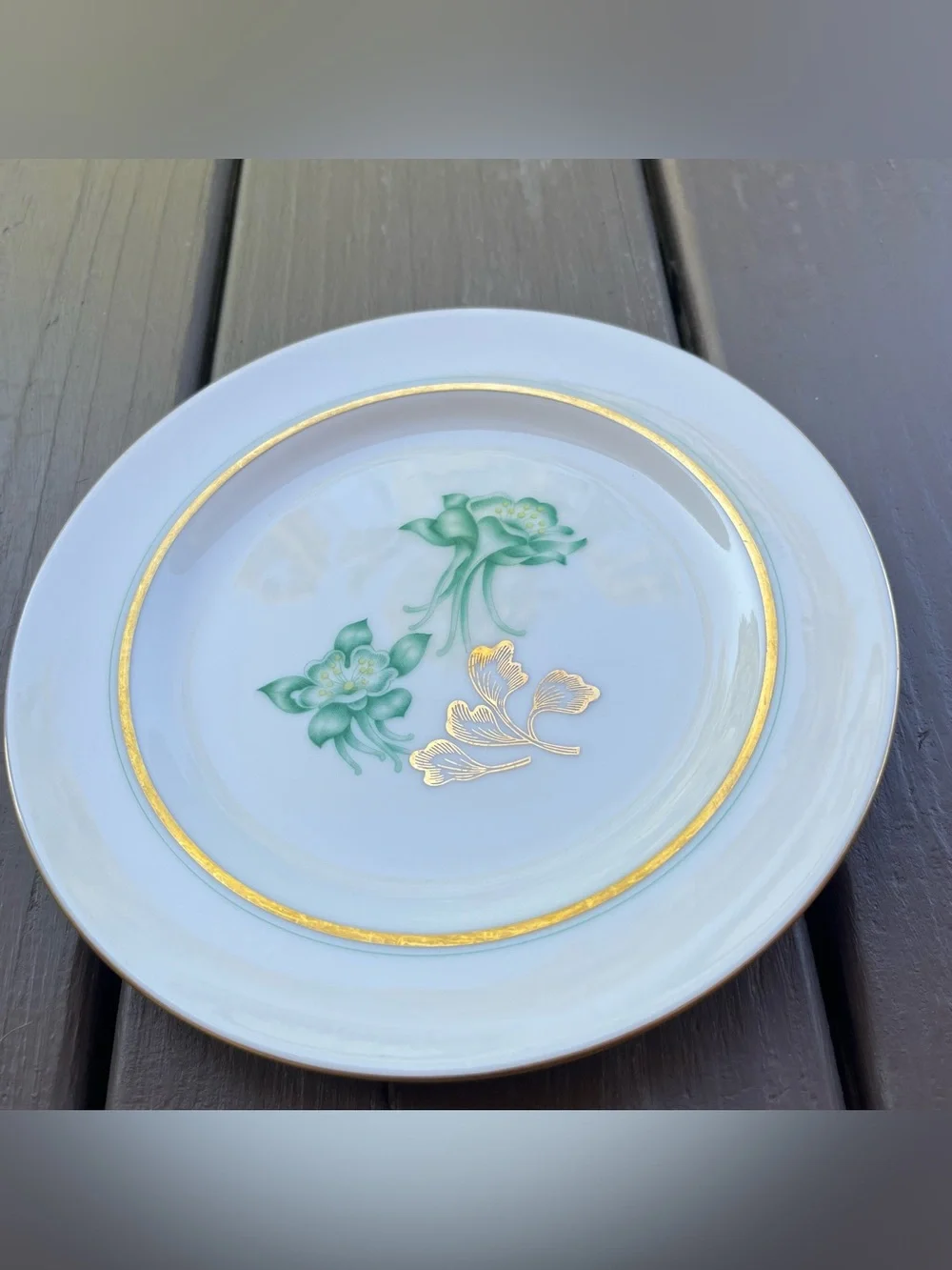 Vintage Wentworth China Columbine Green Floral Salad Plate Gold Trim Cottagecore